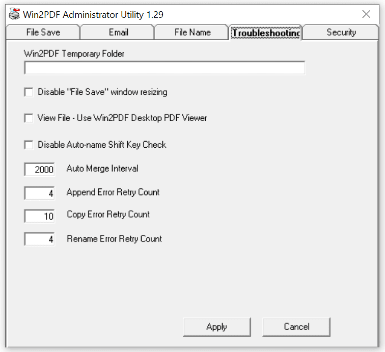 Win2PDF Admin Utility Troubleshooting Configuration