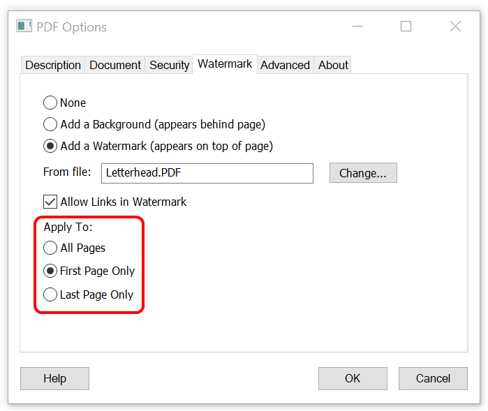 Apply Watermark to First or Last Page