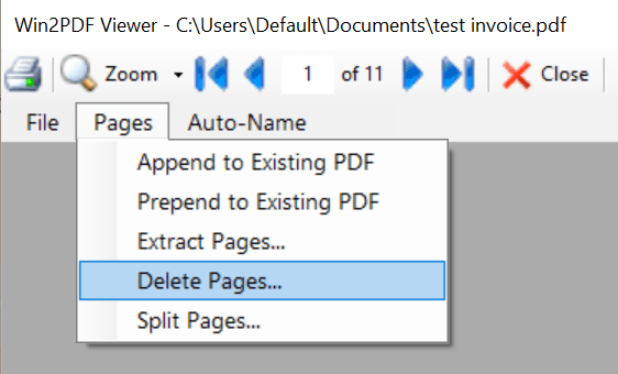 Win2PDF Desktop - Delete Pages Menu