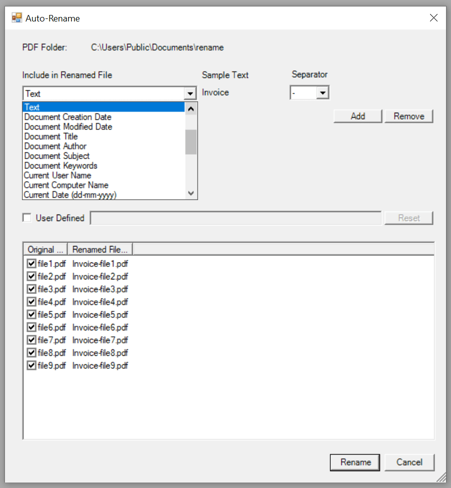 Win2PDF Auto-Rename Text